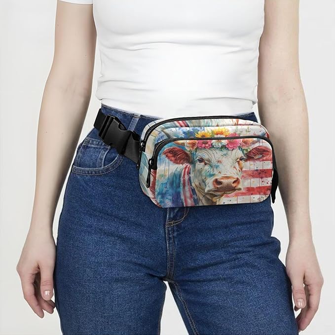 American Flag Cow with Floral Crown Fanny Pack for Women Men Water Resistant Fashion Waist Packs with Adjustable Strap Belt Bag for Travel Workout Jogging Hiking 21220215