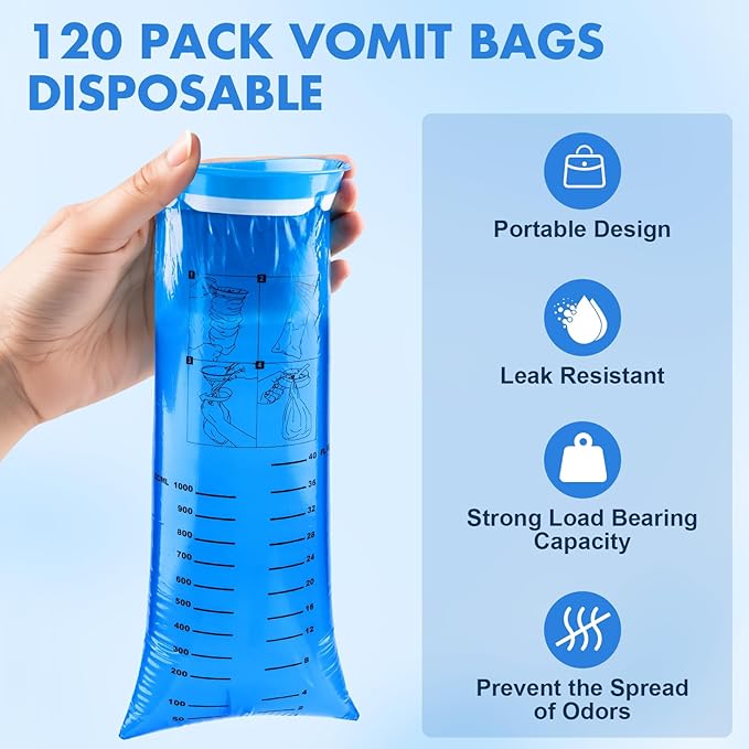 120 Pack Throw Up Bags Disposable, Portable Emesis Vomit Bags Disposable, 1000ml Barf Puke Nausea Bag, for Motion Sickness Aircraft Car Travel Adults