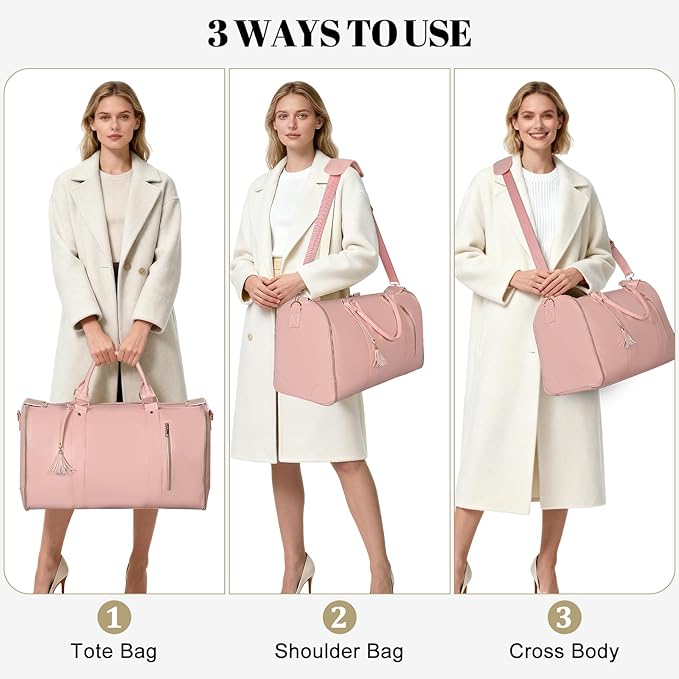 Geestock Garment Bag for Travel, Convertible Carry On Garment Duffle Bags for Women with Shoe Pouch & Detachable Shoulder Strap, Large PU Leather, 2 in 1 Hanging Suitcase Dress Suit Travel Bag, Pink