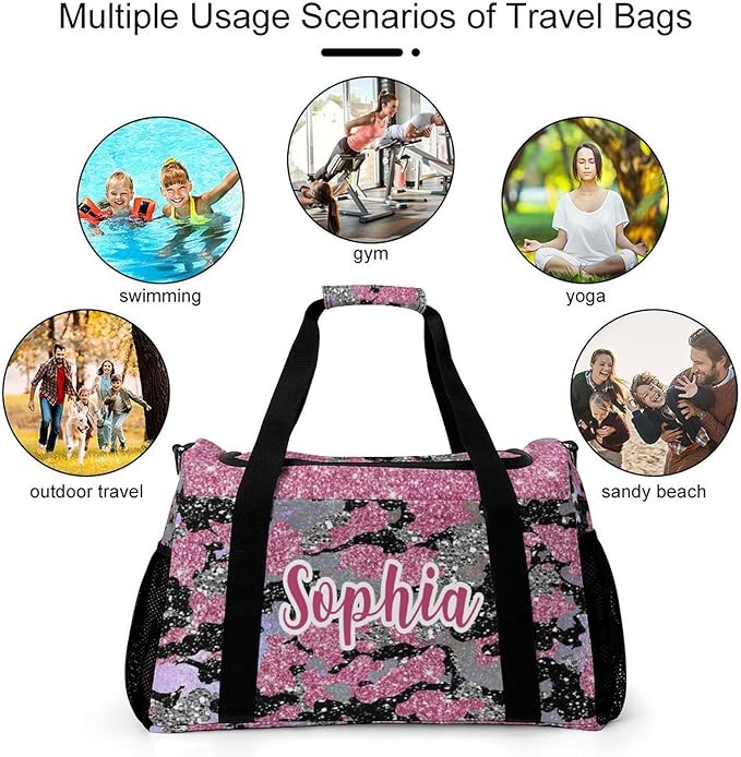 Personalized Name Sports Player Duffel Bags Pink Camouflage Sparkle Sequin Print Travel Perform Training Waterproof Casual Bag Weekender Overnight Bag