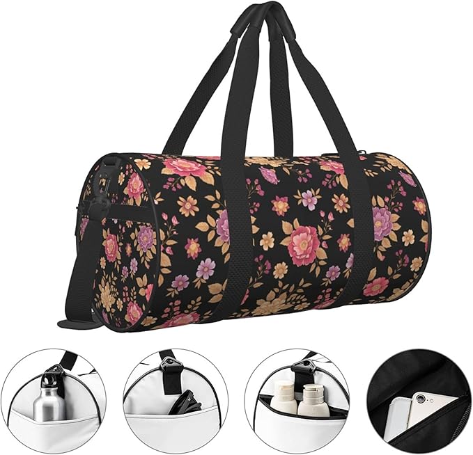 Sports Gym Duffel Bag Vintage Pink Rose Flowers Floral Black for Men Women Waterproof Weekender Travel Bag for Training Swim Yoga