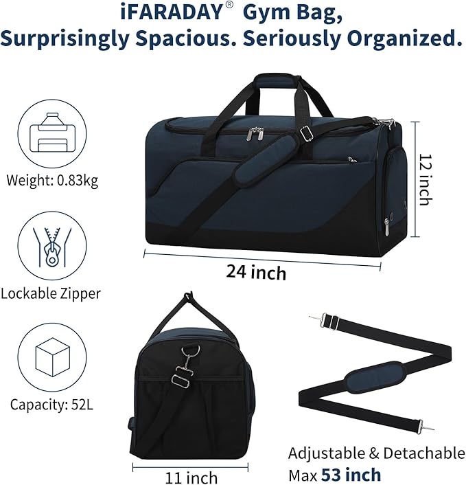 iFARADAY 52L Men's Gym Bag with Shoe Compartment - 24-inch Duffle Bag for Travel, Sports, Fitness & Workout (Navy Blue)