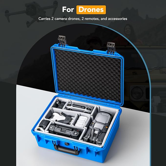 Lykus PVC1 Waterproof Hard Camera Case with Padded Dividers for Cameras, Lenses, Dual DJI Mavic/Air/Mini/Flip drones