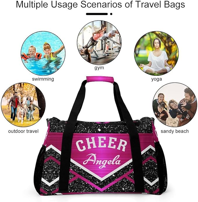Personalized Cheerleaders Pink Red Fuchsia Cheering Duffle Bag with Adjustable Shoulder Strap Tote Bag for Women Man Workouts Custom Travel Perform Bag