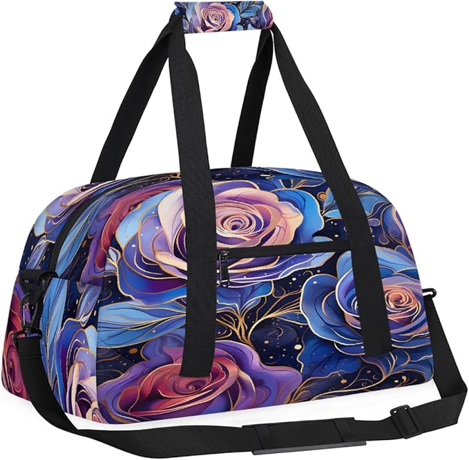 Travel Duffle Bag, Purple Roses Waterproof Weekender Overnight Bags for Women Men Lightweight Carry on Duffle Gym Bag for Travel, Sports, Fitness, Workout