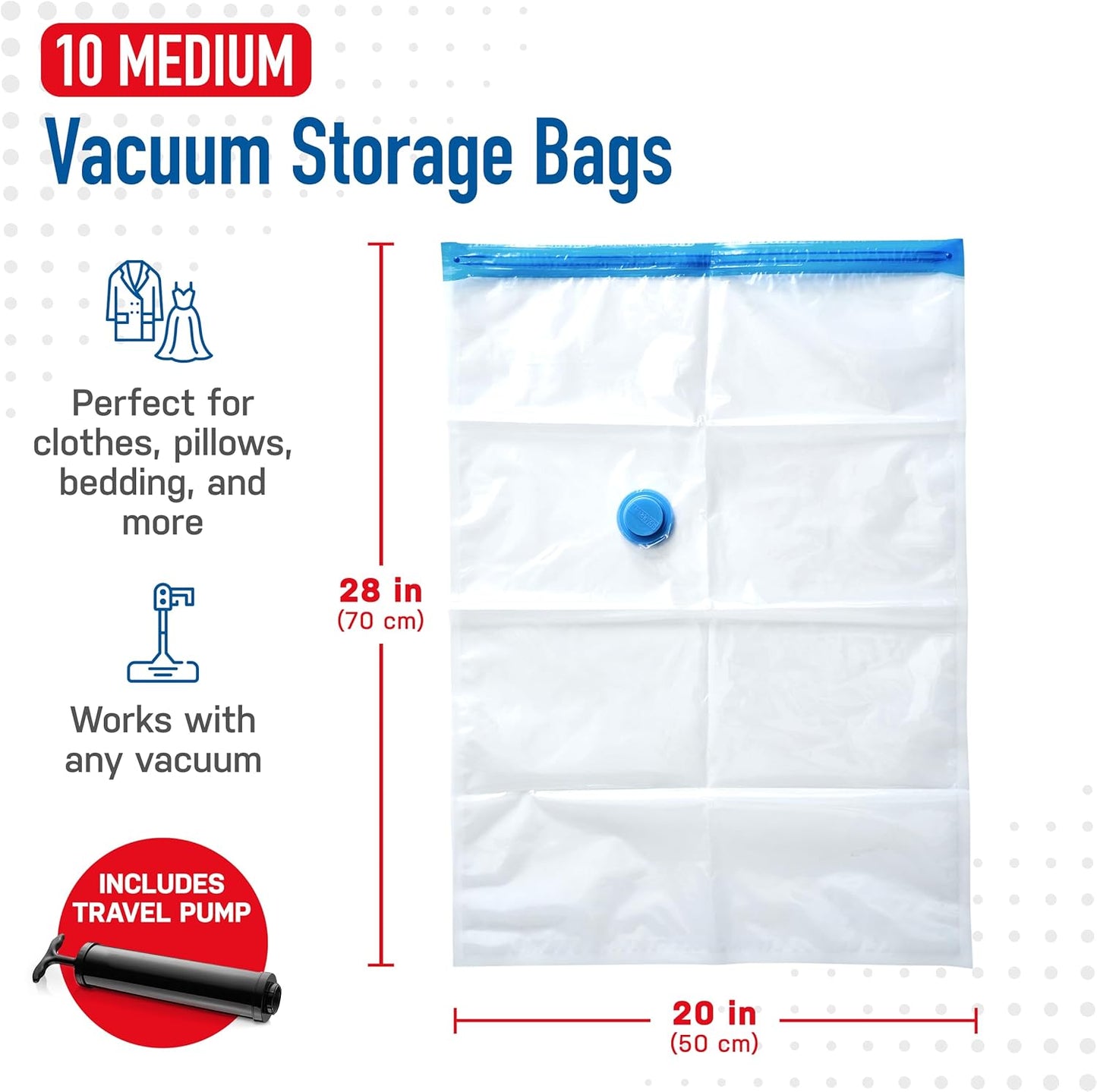 10 Pack Medium Vacuum Storage Bags for Comforters, Blankets & Clothes – Vacuum Sealed Compression Bags with Hand Pump – Space Saver Storage Bags for Bedding, Moving, Travel & Organization