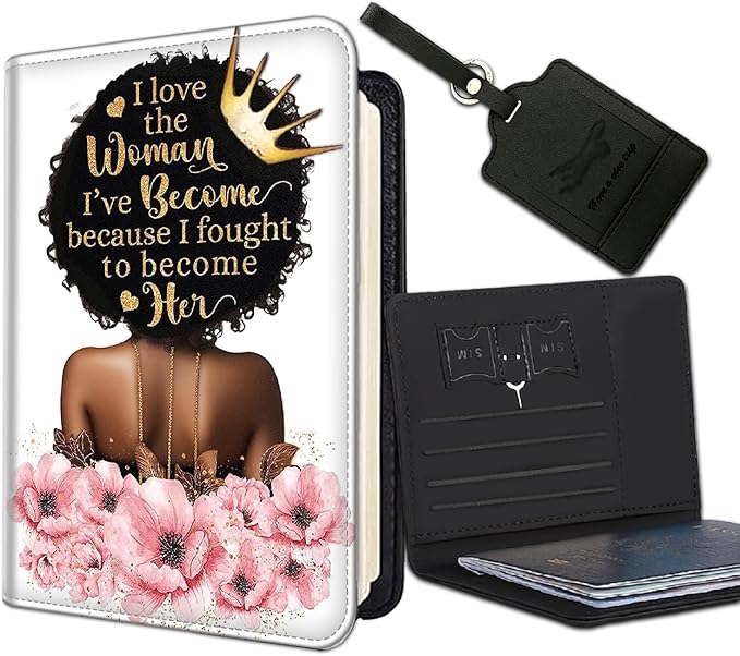 Passport Holder Women Wallet with Luggage Tag, Leather Passport Cover with RFID Blocking, Travel Accessories Multi Card Slot Passport Case for Men，Black Crown Girl Pink Flower