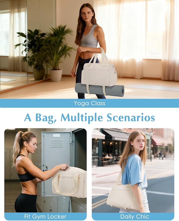 Small Gym Bag, Mini Gym Bag for Women with Yoga Mat Holder and Wet Compartment, Cute Small Yoga Mat Bag with Water Bottle Pocket for Workout Dance, Beige