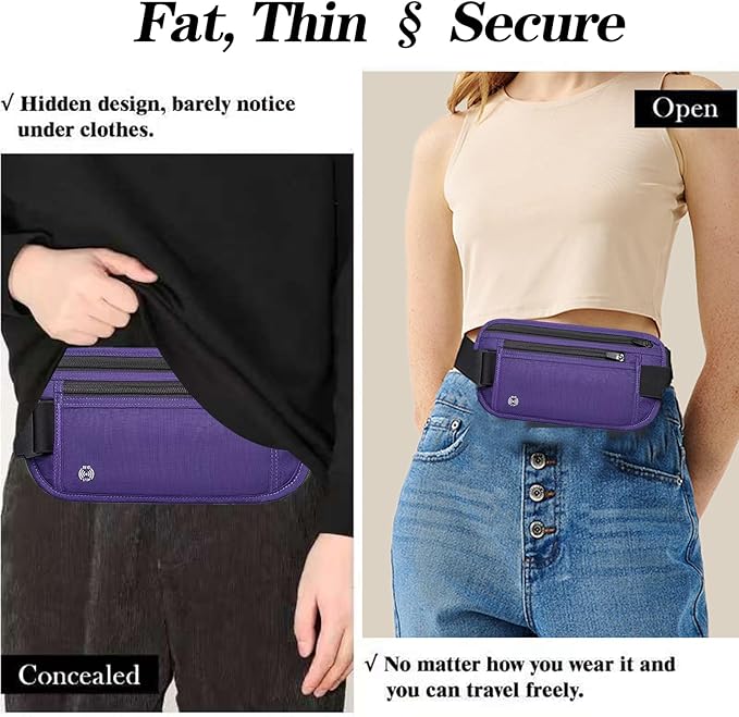 Purple Hidden Money Belt for Travel for Men, Waist Wallet Anti Theft, RFID Passport Holder For Travel Men Or Women, Money Pouch, RFID Passport Holder