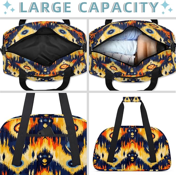 Duffle Bag for Women Men, Orange Navy Tribal Pattern Gym Bag for Travel Sports, Lightweight Waterproof Weekender Overnight Bags with Adjustable Strap