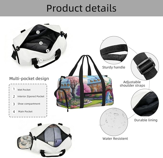 Unicorn Fairy Tale Print Gym Bag with Shoe Compartment for Women Men, 17.7in Sports Duffle Weekender Tote, Overnight Travel Duffel Bag Carry On