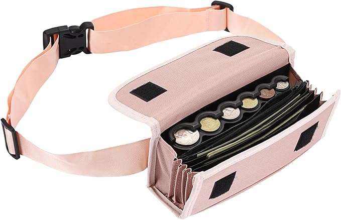 BSTKEY US Coin Holder Coin Dispenser, Fanny Pack with Banknote Waiters Purse Coin Sorter Coin Organizer, Coin Storage Bag with Belt for Waitress Server Collector Cashier Change （Pink）