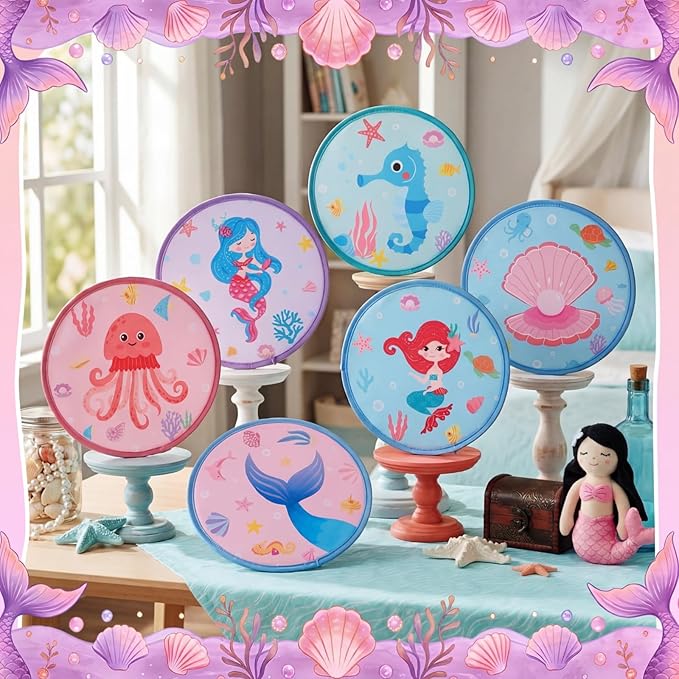 Amyhill 30 Pcs Mermaid Theme Party Favors Foldable Flying Disc Fans with Bags Summer Beach Pool Birthday Party Favors 9.8'' DIY Cooling Fan Colorful Goody Stuffers End of The Year Gifts from Teacher