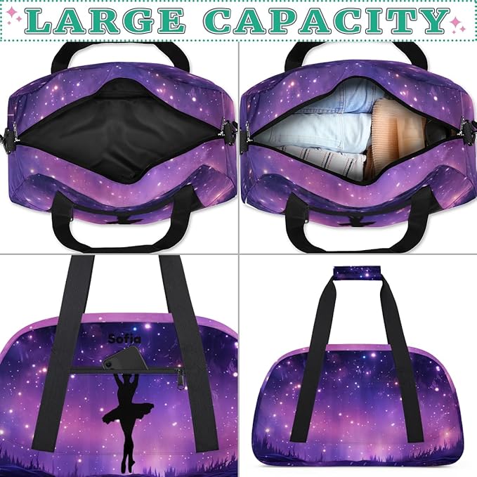 Personalized Boys Gym Bags, Custom Name Sport Bags for Training Travel Overnight Weekender Purple Ballet Silhouette