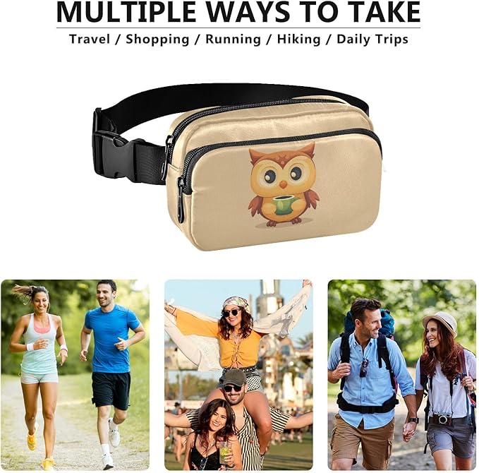 Cute Owl Drinking Coffee Fanny Pack for Women Men Water Resistant Fashion Waist Packs with Adjustable Strap Belt Bag for Travel Workout Jogging Hiking 21219858
