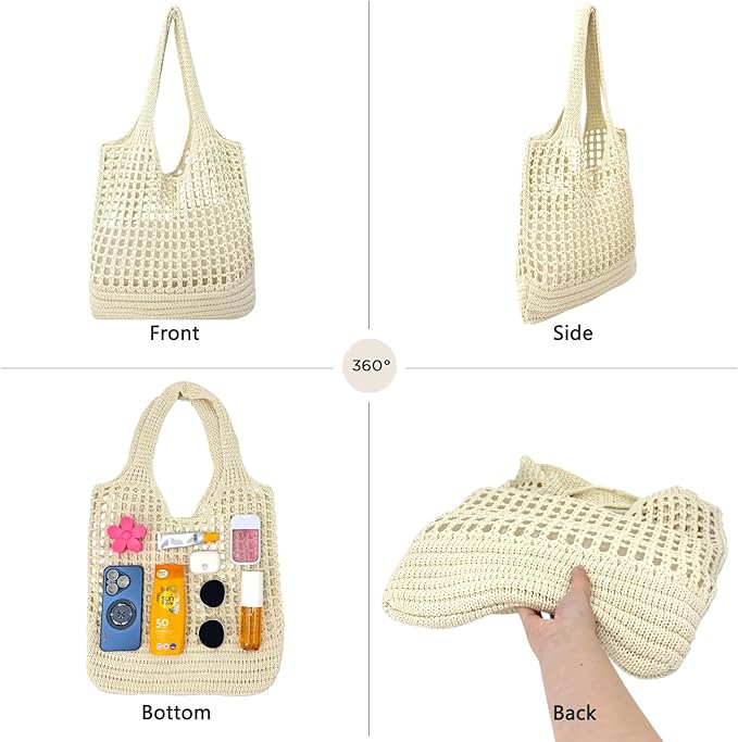 ENBEI Women Foldable Beach Tote, Washable Lightweight Beach Bag, Eco-Friendly Knit Shoulder Purse for Travel/Shopping/Gifts