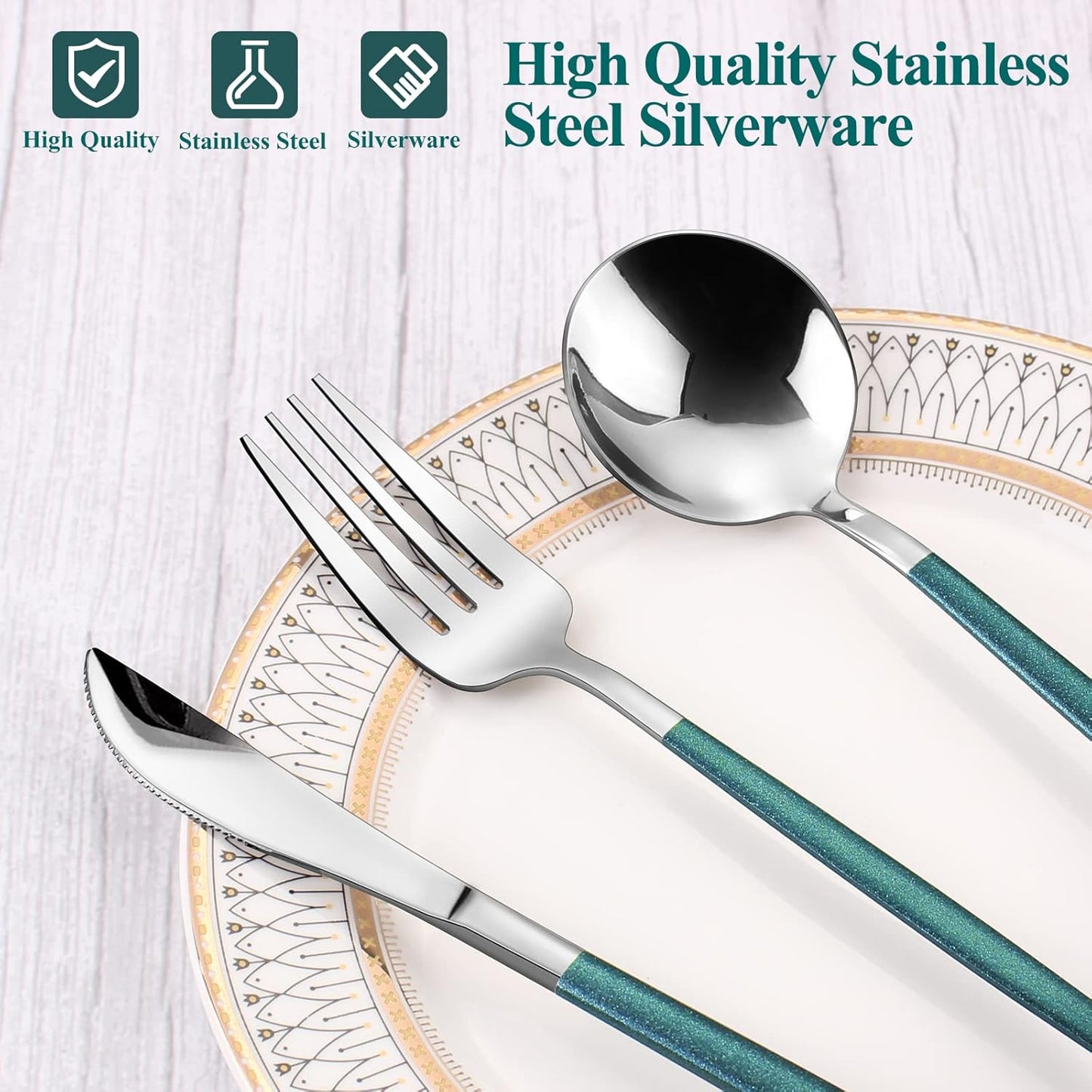 Mirror Silver Green Silverware Set, 20-Piece Stainless Steel Flatware Set, Satin Finish tableware Cutlery Set, Service for 4, Home and Restaurant, Dishwasher Safe