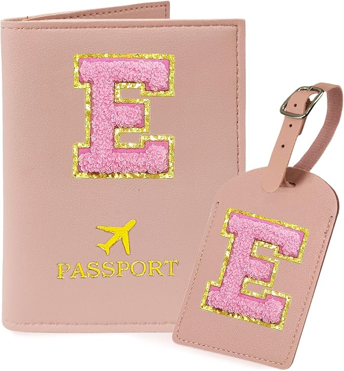 COSHAYSOO Initial Passport Cover Luggage Tag Set Letter Passport Holder Airplane Cruise Travel Essentials Vacation Traveling Accessories Personalized Gifts for Women Teen College Girls Pink E