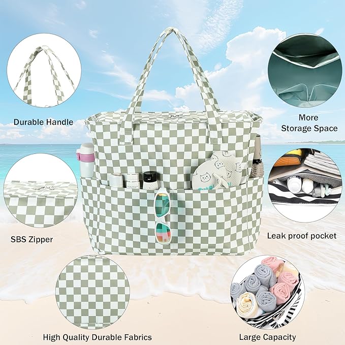 LEDAOU Large Beach Bag Women Waterproof Sandproof Zipper Beach Tote Pool Bag for Swim Gym Grocery Travel with Wet Pocket | Waterproof, Sandproof, Zipper, Pool, Gym, Grocery