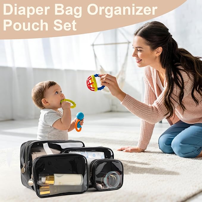2PCS Clear Makeup Bag Set, Waterproof TPU Purse Organizer Pouches, TSA Approved Toiletry Bag, Diaper Bag Organizer Pouch, Travel Organizer Bags for Women and Kids