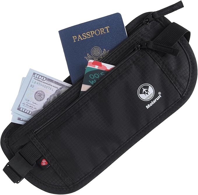 Travel Money Belt - Slim Passport Holder Secure Hidden Travel Pouch with RFID Blocking, Travel Wallet Fanny Pack Belt Bag - Black