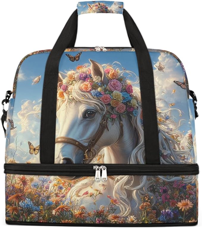 Foldable Travel Duffel Bag for Women - Carry on Personal Item Bag with Shoes Compartment, Weekender Overnight Duffle Bags Sport Tote Gym Luggage for Airplanes Traveling(Flower Horse)
