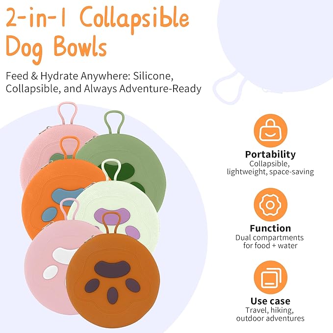 Collapsible Dog Bowls, 2-in-1 Pet Portable Travel Double Bowl Water Food Feeder Traveling Camping & Walking 25oz Brown