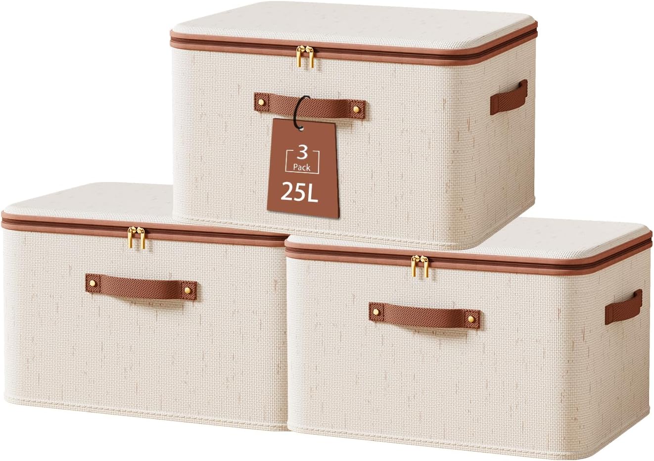 Tuza 3 Pcs Rigid Storage Bins with Zipper Lid, Cotton Linen Fabric Storage Boxes, Foldable Shelves Clothes Storage Cubes with Handles for Wardrobe, Closet(Beige, 25L)