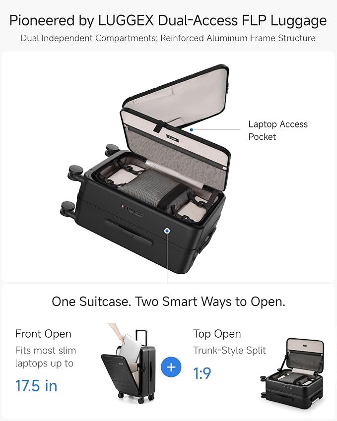 LUGGEX Carry On Luggage Top Opening & Front Opening, FLP Aluminum Frame Trunk Style Luggage with Front Laptop Pocket, Polycarbonate Hard Shell Suitcase (FX- Enhance, Blue, 21 Inch, 38L)