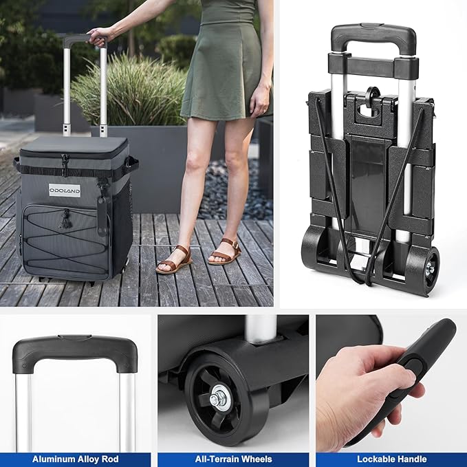 Odoland 48/72 Can Rolling Cooler Bag with Wheels & Handle, Collapsible Insulated Ice Chest for Beach, Camping & Tailgating - Portable Travel Soft Cooler on Wheels, Collapses for Easy Storage