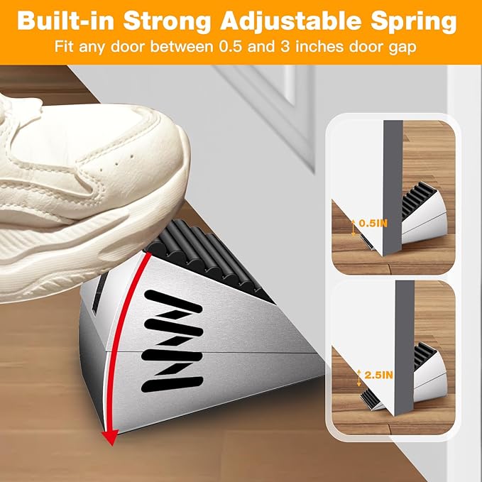4 Pack Heavy Duty Metal Door Stop, Strongest Large Adjustable Spring Door Stopper Up to 3 inch Tall, Door Stoppers for Bottom of Door, Silver Rubber Door Wedge for Any Heavy Doors