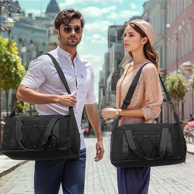 Lightweight Gym Bag for Men & Women, Water Resistant Sports Duffel Bag with Shoe Compartment & Wet Pocket for Travel Weekender & Fitness, Black