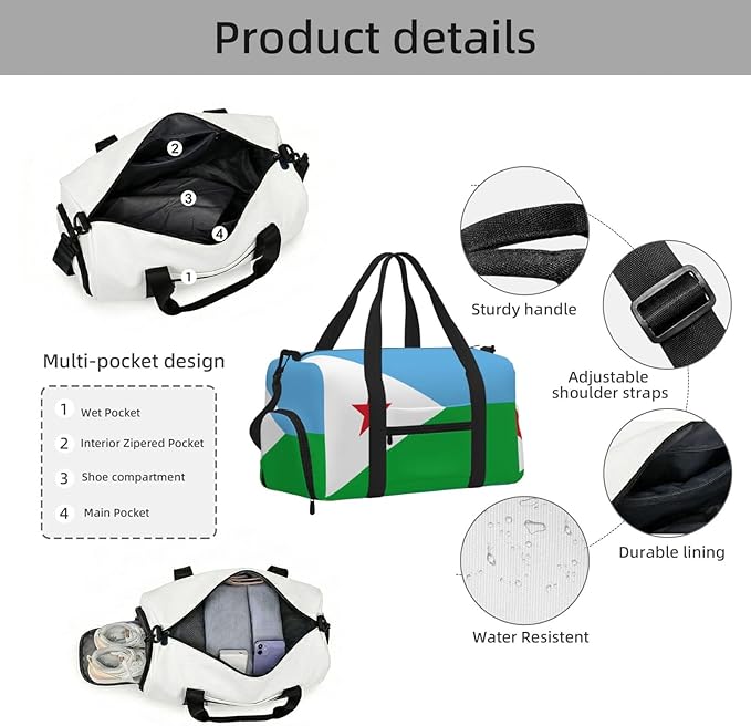 Flag of Djibouti Print Gym Bag with Shoe Compartment for Women Men, 17.7in Sports Duffle Weekender Tote, Overnight Travel Duffel Bag Carry On