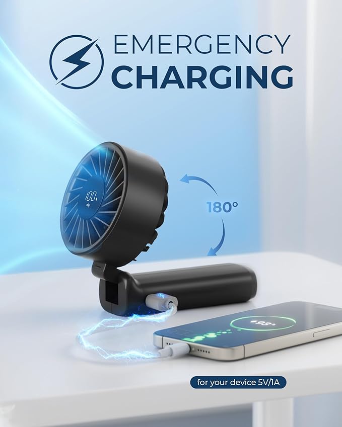 Handheld Fan, Portable Fan, 4000mAh Rechargeable Personal, 180° Foldable Mini Desk Fan with 6 Wind Speed, LCD Digital Display, Lanyard as Neck, Ultra Quiet, Pocket Size for Indoor Outdoor