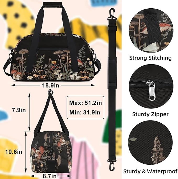 Duffle Bag for Women Men, Dark Forest Mushroom Floral Art Gym Bag for Travel Sports, Lightweight Waterproof Weekender Overnight Bags with Adjustable Strap