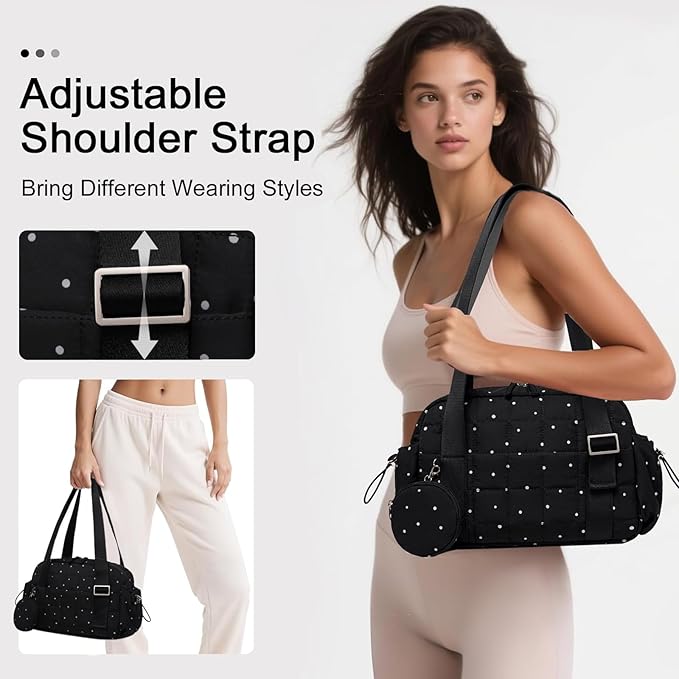CAMTOP Mini Gym Bag for Women, Small Gym Tote Bag Puffy Quilted Sports Duffel Bag with Wet Compartment and Coin Purse Duffel Bags Dance Yoga Workout Bag for Gifts (Polka Dot, Mini-12.6")