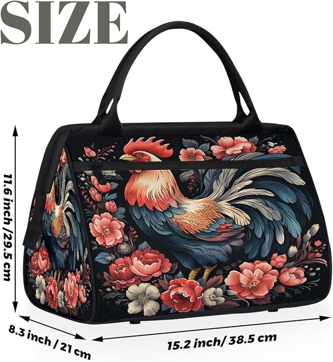 Multipurpose Duffle Bag, Waterproof Carry On Bag with Spacious Design, Rooster Chicken Floral Gym Bags, 15.2x8.3x11.6in