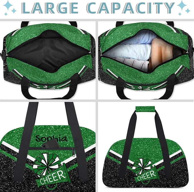 Personalized Green Glitter Cheer Bag for Cheerleaders, Custom Sport Gym Bag Dance Bag Travel Duffle Bag Cheerleading Gifts for Women
