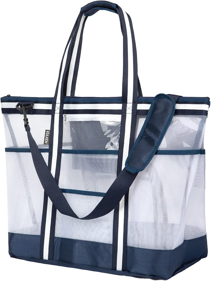 Vulken 42L Extra Large Mesh Beach Bag. 9 Pockets Top Zip Tote Bag Shoulder Bag
