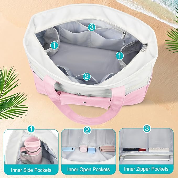 Beach Bags for Women Large Canvas Beach Tote with Zipper Wet Pocket, Waterproof Foldable Swim Pool Travel Tote Bags