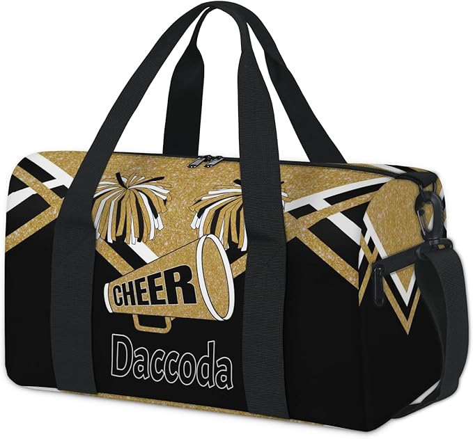 Custom Cheerleading Dance Bag, Personalized Large Sports Gym Travel Sleepover Duffle Bag with Name for Trip, Yellow Gold Glitter Black Cheer