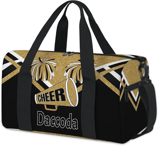 Custom Cheerleading Dance Bag, Personalized Large Sports Gym Travel Sleepover Duffle Bag with Name for Trip, Yellow Gold Glitter Black Cheer