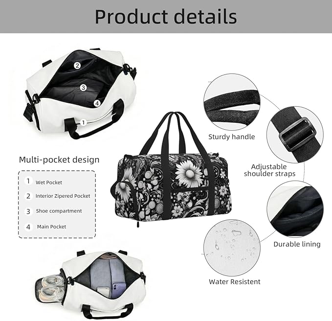 Black White Flower Sketch Sports Gym Bag For Men Women Travel Duffel Bag With Shoe Compartment Water Resistant Gym Bag Carry On Duffel Bag For Yoga Gym Sports Weekend Traveling