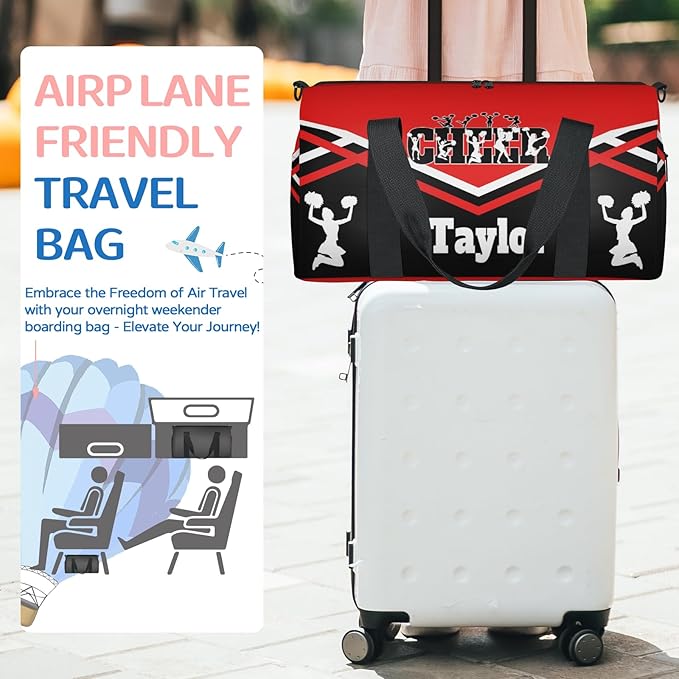 Custom Name Sports CHEER Bag for Teens, Personalized Gym Travel Weekender Tote Carry-On Bag, Red with Black Cheerleader Team