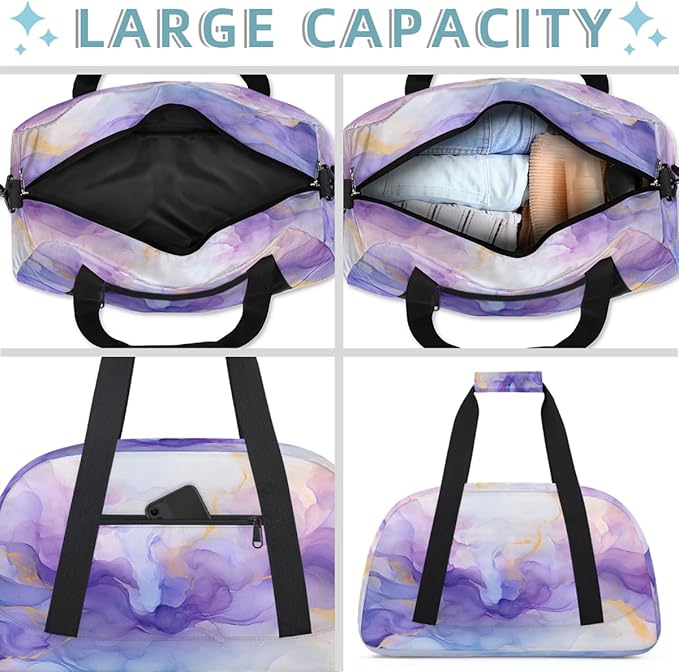 Purple Blue Gold Marbles Sports Duffel Bags, Water-Resistant Gym Duffle Bag for Men Women, Lightweight Weekender Overnight Bag for Fitness, Workout, Travel