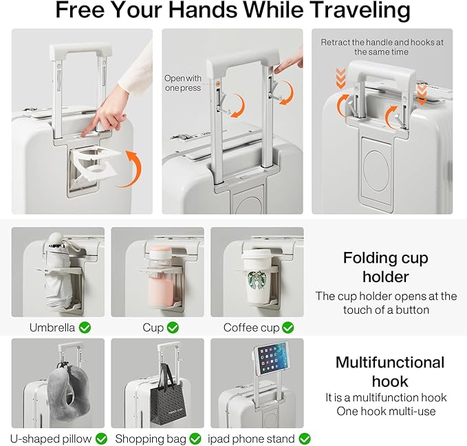 mixi 2-Piece Luggage Sets with Cup Phone Holder and Charger Hard Shell Suitcases with Spinner Wheels, 20+26 Smoke White
