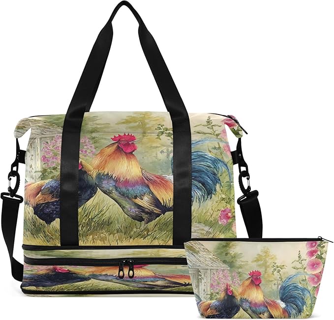 Travel Duffel Bags for Women Country Rooster Painting Print Sports Duffel Bags Gym Bags with Shoes Compartment Tote Bag Weekender Bag for Travelling