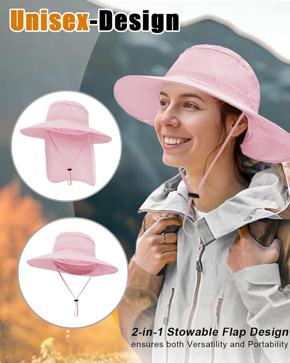Outdoor Sun Hats with Stowable Neck Flap for Men Women UPF 50+ Mesh Summer Bucket Hat Wide Brim for Fishing Safari Hiking