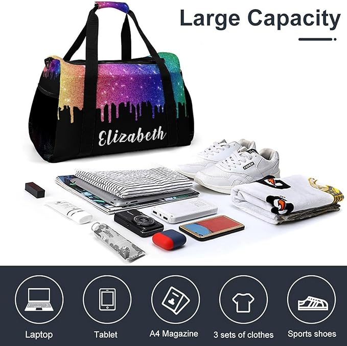 Personalized Sports Duffle Bags for Training, Colorful Bling Sequin Print Travel Bags with Adjustable Shoulder Strap, Custom Name Birthday Holiday Gift