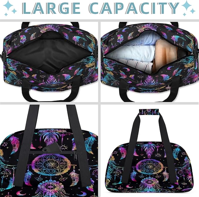 Travel Duffle Bag, Rainbow Dreamcatcher Feather Waterproof Weekender Overnight Bags for Women Men Lightweight Carry on Duffle Gym Bag for Travel, Sports, Fitness, Workout